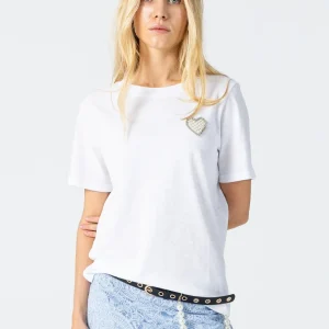 T-shirt med pärlhjärta patch - Mitärm - White